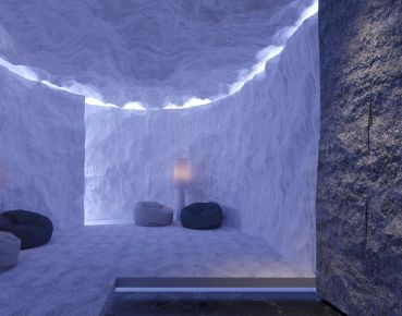 Salt Cave — Himalayan salt walls and soft blue light for deep calm.